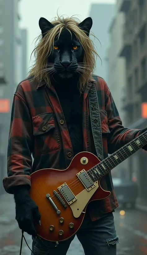 "A panther with messy blonde hair and a grunge-style shirt, holding a guitar, exuding the raw melancholy of Kurt Cobain. Its sleek black fur contrasts with the worn-out jeans and flannel shirt, with a misty Seattle-inspired backdrop