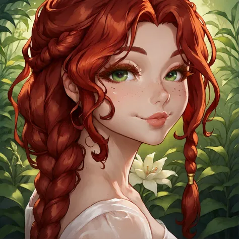 A girl with long orange-reddish braided hair,1girl,green eyes,freckled cheeks,slight smile,detailed face,detailed eyes,detailed lips,beautiful detailed face,beautiful detailed eyes,beautiful detailed lips,extremely detailed eyes and face,long eyelashes, be...