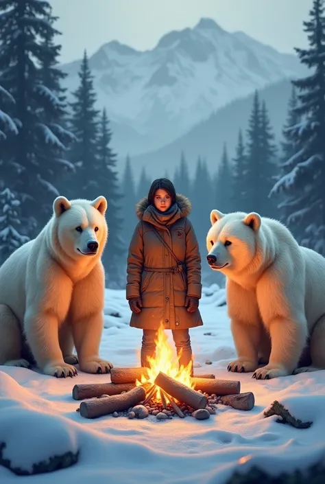 Woman with 2 brown bears with white coats in snow by the campfire