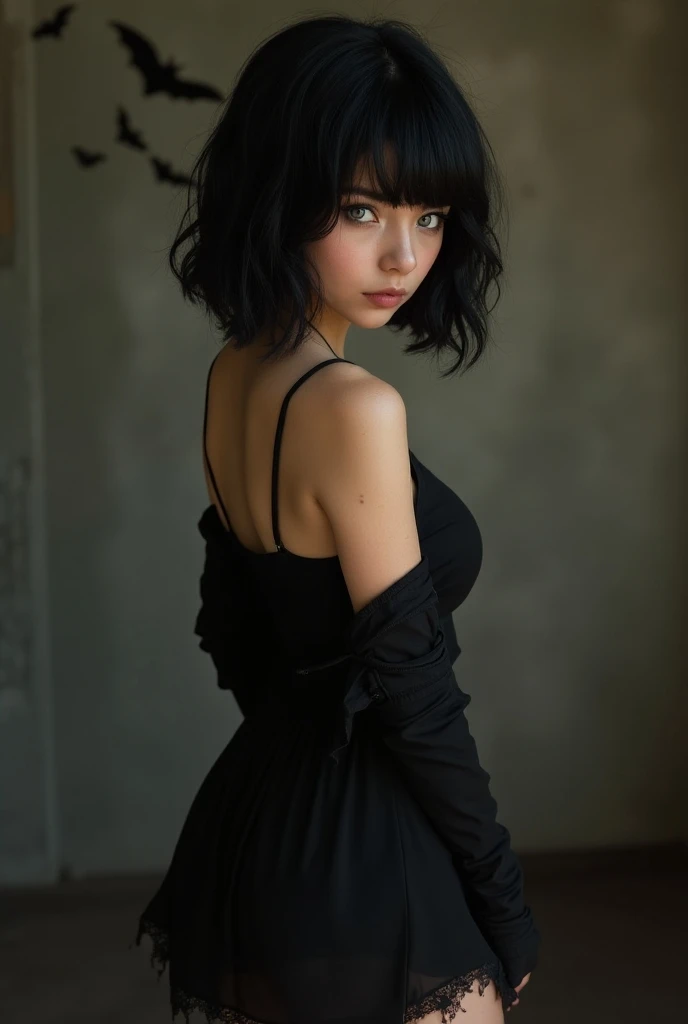 (Realistic photo, seen from behind:1.2), Beautiful model, approximately 24 years old, short black hair, wavy at the ends, reaching her shoulders, bangs on her forehead, light blue eyes, wearing a black mini skirt, sexy witch, Halloween scene