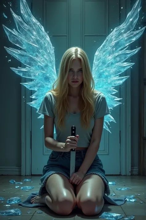 A young blonde woman on her knees holding a kitchen knife and behind her or next to her a faceless male angel with wings in the color blue broken into pieces of glass. art RPG 