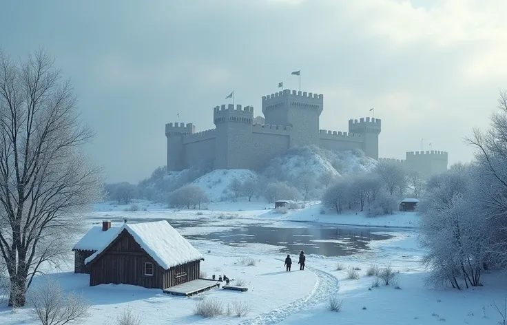 Create the image of a NORDIC CITY IN THE SNOW WITH VIKINGS WORKING WITH A VIKING FORTRESS IN THE BACKGROUND