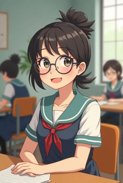 A cartoon young women, wear school uniform, glasses ponytail black hair, she sit