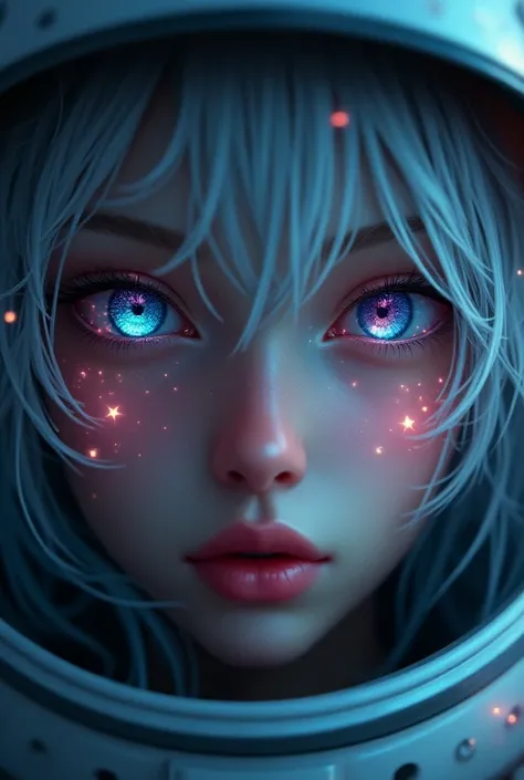  Close-up of an improved masterpiece:1.5)0.9], (Space and astronauts:1.2) ( Messy silver hair:1.1) (heterochromia: xanthochromia and blue eyes:1.2) (Space helmet:1.0) ( Colored stars in the eyes :1.0) (A radiant glow:1.1) ( Thick lips:0.9)