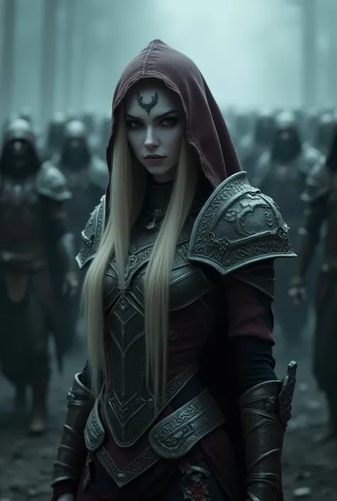 A cinematic shot of Sylvanas Windrunner, a high elf and a banshee in the game series Warcraft.3d, details  perfect face  beautiful , She is tall, slender, and athletic, with a ghostly pale skin tone. Her long blonde hair is framed by dark strands. Her brig...