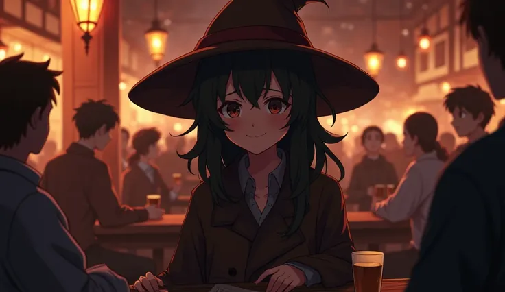 8k、High school girl、 mature、smile、dark brown robe 、Three-cornered hat、 Medieval Europe、 otherworldly、Rag bar、 crowded 、indoor、Wooden table、Alcohol、Warm colors of light、night、Anime 2D Style、Lo-Fi、LoFi、アニメ調Illustration、Illustration