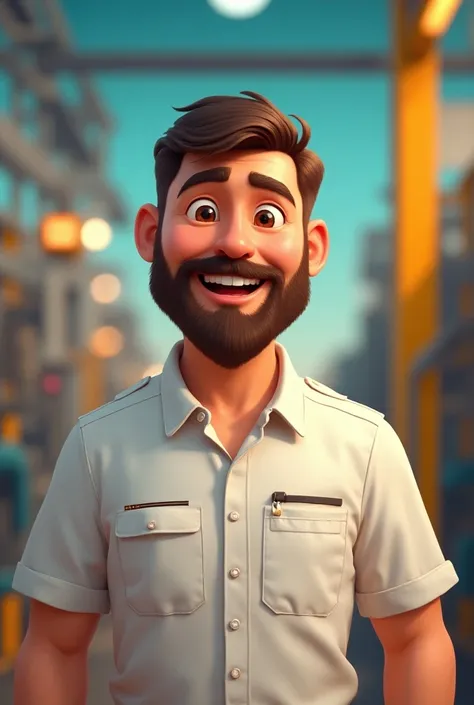 Make a men that is 40 years old, having a short style of hair, he has beard that is only from his lower mouth to chin, he wear a white line motif shirt, he works in electricity company, make it looks like disney pixar