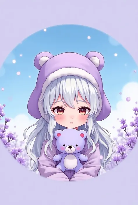 ai anime cyberpunk setting, A girl with long, white, wavy hair, She wears a pastel lavender ear-flap hat on her head. , Purple Bread Hat, Looking at a pastel colored teddy bear ,Small lavender pastel teddy bear , cute, A drawing with colored pencils, dye, ...