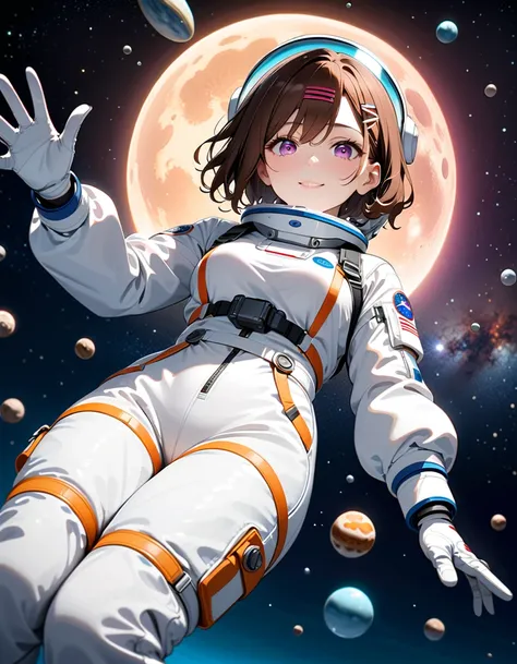 (spacesuit:1.15), white cargo pants, astronaut)bubble helmet, space helmet, gloves , , looking close at you, outer space, floati...