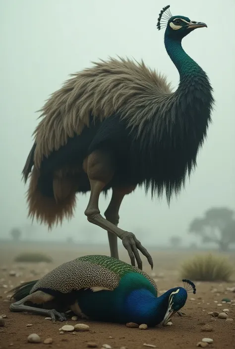 A dead peacock is lying on the groundand a prehistoric woolly emu is standing with one foot on top of the peacock.peacockface was injured