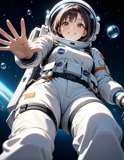 (spacesuit:1.15), white cargo pants, astronaut)bubble helmet, space helmet, gloves , , looking close at you, outer space, floati...