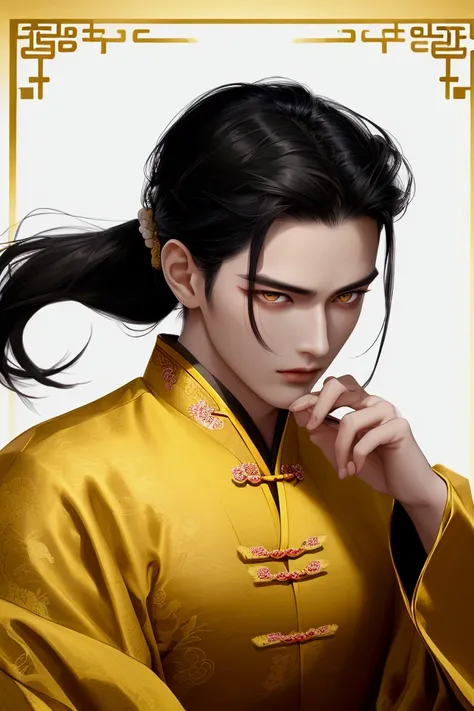 male,  long black hair ,  Yellow Eyes , elegant clothes ,  hair tied in a low ponytail, traditional Chinese clothing for men , DETAILED, beautiful face, Delicate, high, elegant,  long sleeves , 25 year old boy,