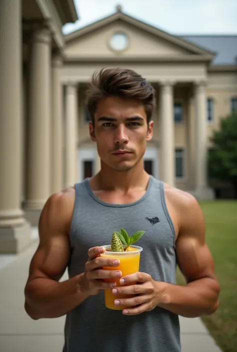 Create a realistic photo ,  image of a strong muscular boy wearing a tank top with a background image of an academy, drinking a detox juice 