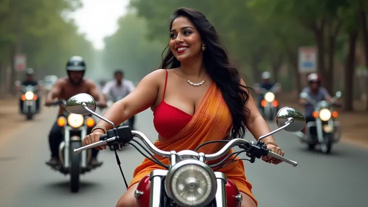 full-body-low-angle-side-shot of a stunning, curvy  plus-size beautiful sexy Indian woman with sexy big boobs and big ass is riding on an American heavy Harley Davidson motor cycle  in India. She looks like Georgina Rodríguez, exuding confidence with a rad...