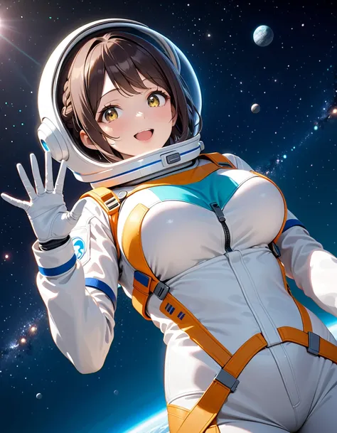 (spacesuit:1.15), white cargo pants, astronaut)bubble helmet, space helmet, gloves , , looking at close at you, outer space, flo...