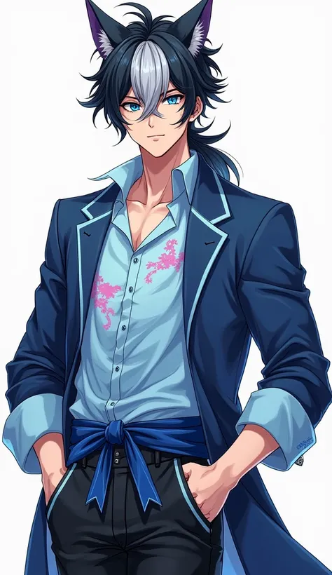  FULL BODY IMAGE ,  manga style ,  Where is there a handsome young man  ,  half human and half feline male ,   with black hair and neck-length white locks , blue eyes, low and strong ,   beautiful face and confident smile  ,  with a leadership look ,  wear...