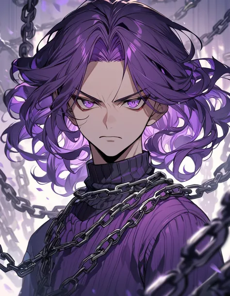 man,Purple hair,High fade hair,Curly hair, in purple eyes, Big Purple Sweater,Serious face,With a Thousand Chains ,