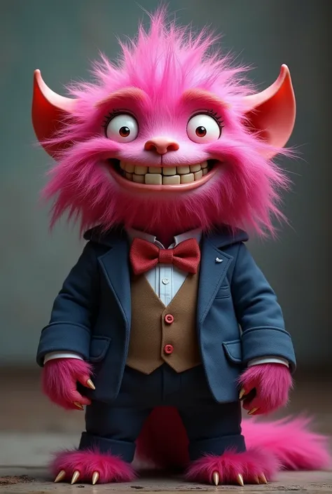 Smiling hairy hot pink monster wearing a suit and a bow tie. With the look of a rascal 