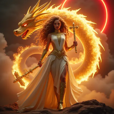 A fierce beautifully sexy Medusa dressed in white with golden armor on, she has a big golden hammer and golden sickle that are burning,in front of her armor the letters "DTP"engraved, red neon clouds in the back, a golden dragon surrounding her, the atmosp...