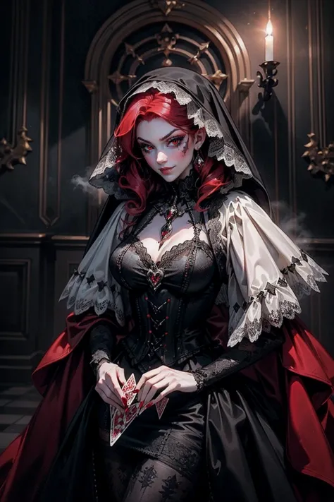 eerie and luxurious casino, pale alluring young woman, vampire-like appearance, haunting beauty, short tangled red hair, red que...