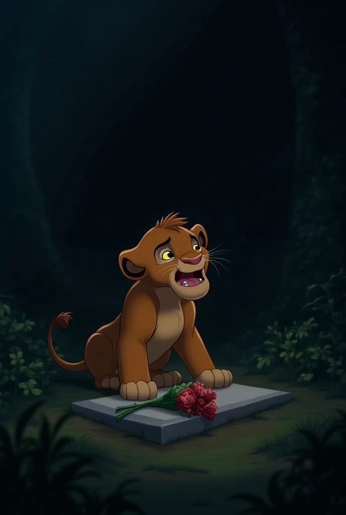 Create an image of Simba crying with tears in his eyes and cheeks in front of a grave with a bouquet of flowers 