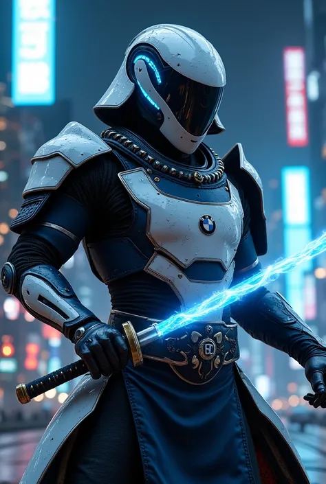 Create a powerful, stylized image of BMW reimagined as a sleek, agile samurai warrior. Picture BMW as a warrior wearing elegant, futuristic armor in shades of blue and white, inspired by the brands logo and color scheme. The armor has sharp, streamlined ed...