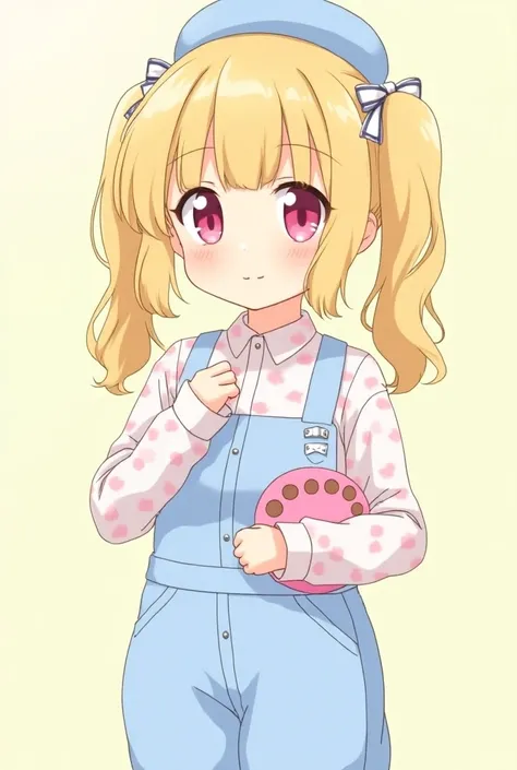 
Anime girl who has pink eyes, fair skin, two thick pigtails, yellow hair, a small bow wearing a long-sleeved shirt with light blue and pink patterns, and a little elice cap holding a pink palette de caramelo with a light blue jumpsuit and with a smile. 