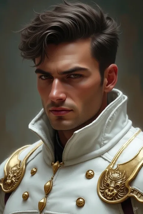 Close-up  of a man in a white uniform, human male paladin, Magali Villeneuve, male paladin, Paul Atreides, beautiful character,  smug  man, fantasy type portrait, fantasy character وجه مهيب، تعابير جاده