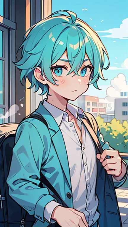 ((Man with steamed turquoise hair and blue eyes)),((Im wearing light blue clothes like a college student)),bangs, hair between eyes