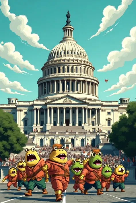 A playful illustration of meme coins like Dogecoin, FreeDum Fighters, and Pepe Unchained taking over the Capitol Hill. Use a cartoonish style with bright colors