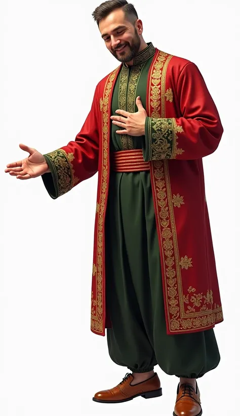  A Turkish male receptionist in dark green national clothes with gold patterns cordially invites guests, slightly bowing , , pointing one hand to the entrance , , the other hand is pressed to the heart as a sign of deep respect , the man stands at full hei...