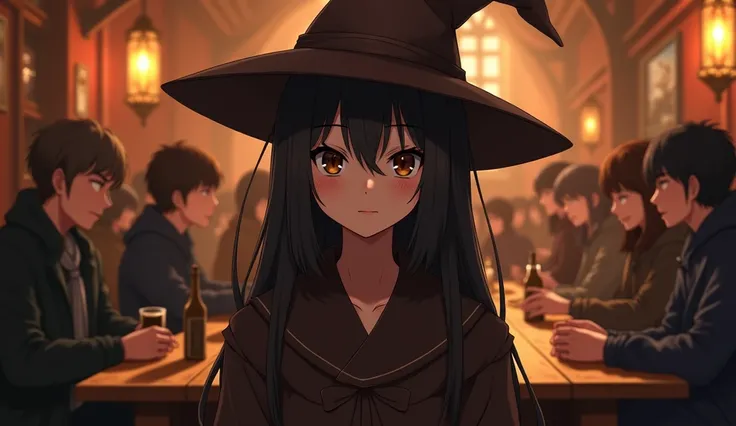 8k、High school girl、 mature、smile、dark brown robe 、Three-cornered hat、 Medieval Europe、 otherworldly、 crowded 、Rag bar、indoor、Wooden table、Alcohol、Warm colors of light、night、Anime 2D Style、Lo-Fi、LoFi、アニメ調Illustration、Illustration