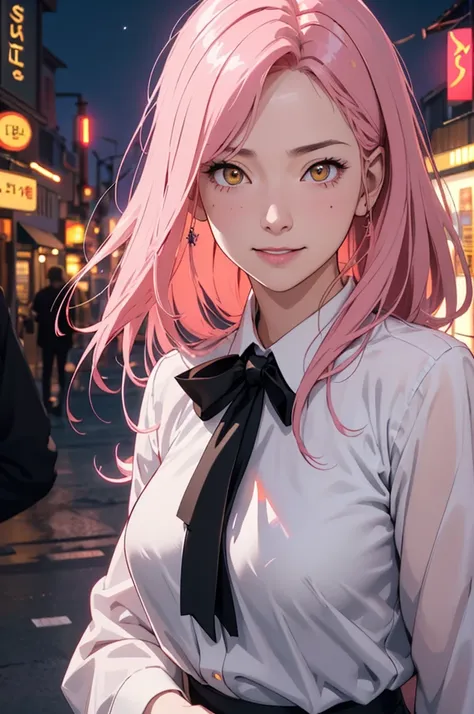  1 girl, Long pink hair, Red Corner, White collar shirt,  black tie,  smiles lightly,  yellow eyes, Corneo_power,, building,shop,Town Street, Dark Skies, scenery,Neon Signs,Night City, Japanese lyrics,, ,  absurd,  detail eyes,  extremely detailed,  Stereo...