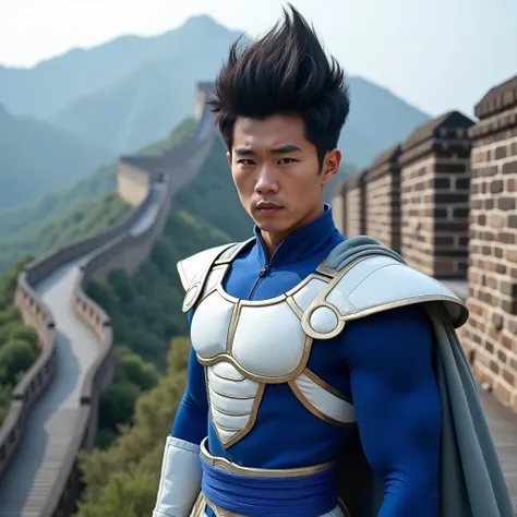 Professional photography shows a handsome Korean man dressed as BEZITA in the dragon ball series, posing with the focus of the front view of the camera ,  against the backdrop of the famous Chinese giant wall for its panorama . UltraHD+, Realistis , tampak...