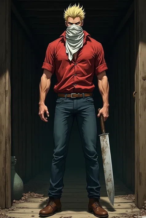 Anime art-style, medium shot of a tall, strong, Very muscular, blond man, with short spyke hair. with a dirty ragged white cloth tied to his face like a mask, covering even his forehead, with holes for his eyes. He is wearing a half-open red button-down sh...