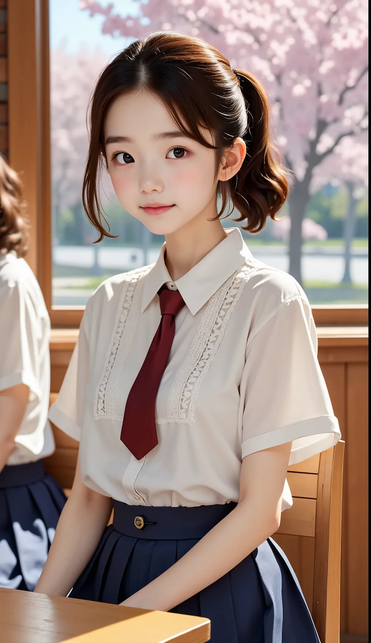 (masterpiece, Best Quality:1.2),   1 girl, Alone、(   hide your upper arms on the table top, Best Quality:1.2), 8k, 18 years old, 85mm,  OFFICIAL ART,   RAW photos from the last century,   absurd,   white dress shirt ,  cute face, close,   upper body, Viola...