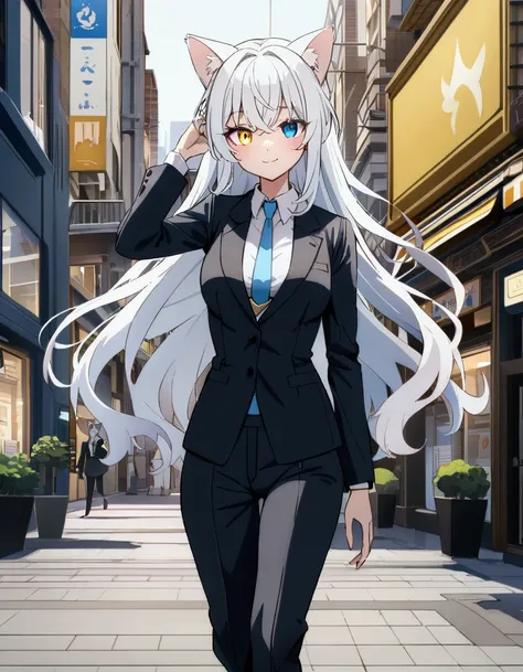 best quality , ultra detailed ,  highres icon ,anime style , from front , whole body , look at viewer ,One woman, ((long white hair)), (( Heterochromia,yellow right eye,blue left eye)), cat ears, 1 girl, medium breasts , long hair,smile,Walking around the ...