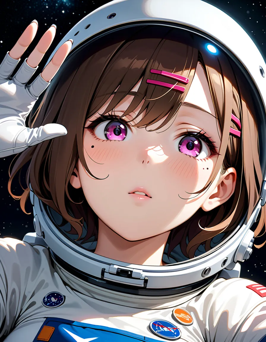 (spacesuit:1.15), white cargo pants, astronaut)bubble helmet, space helmet, gloves , , looking close at you, outer space, floati...