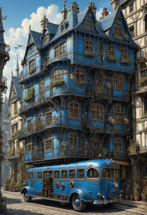 15th century,  European medieval city street , there is a blue steampunk double-decker bus near the house,  assembled from car parts from the 40s of the 20th century,   ultra quality,  ultra-detailed,  intricate details, clear thin lines , oil, canvas,  a ...