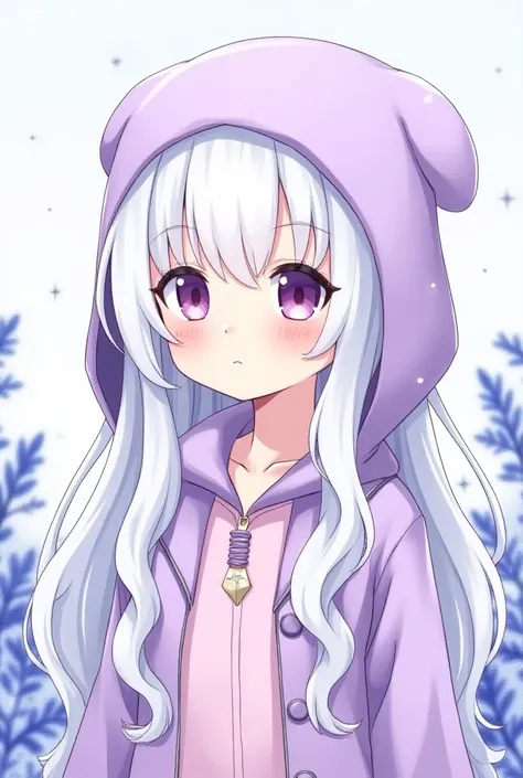 ai anime cyberpunk setting, A girl with long, white, wavy hair, She wears a pastel lavender ear-flap hat on her head. , Purple Bread Hat, , cute, A drawing with colored pencils, dye, Colorful , Colored pencil drawing, Light blush , lips filler , Mysterious...