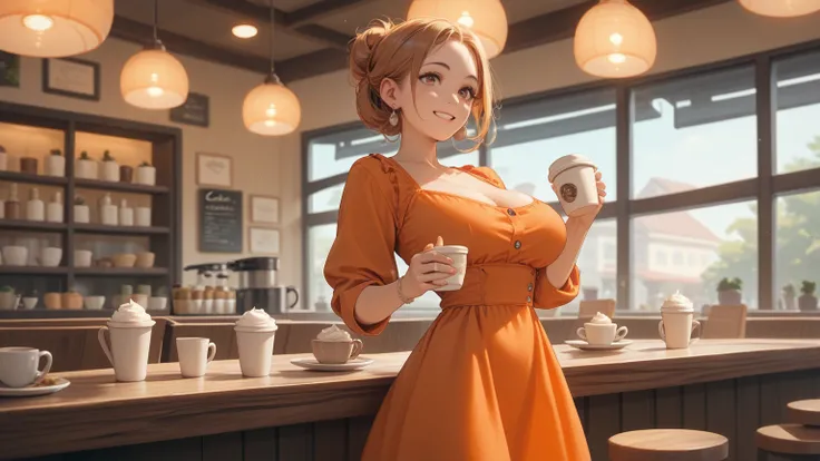  Hot pretty woman alone wearing orange dress, small waist, big breasts, top half view ,Look at the audience , Cafe atmosphere in a cafe, holding a cup of coffee and smiling 