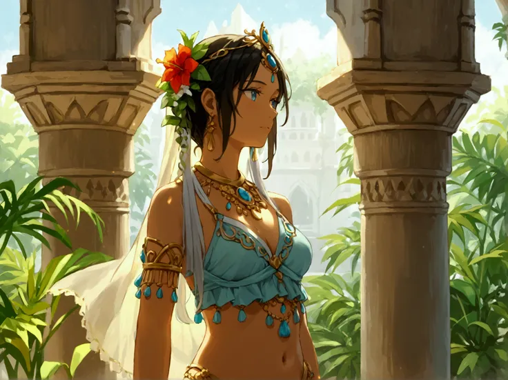 Generate an image of a middle eastern belly dancer in anime style, she should be standing in an empty palace with greenery in the background. She should be in the sunlight beams. The image should be mesmerizing. The image should have simple cell shaded col...