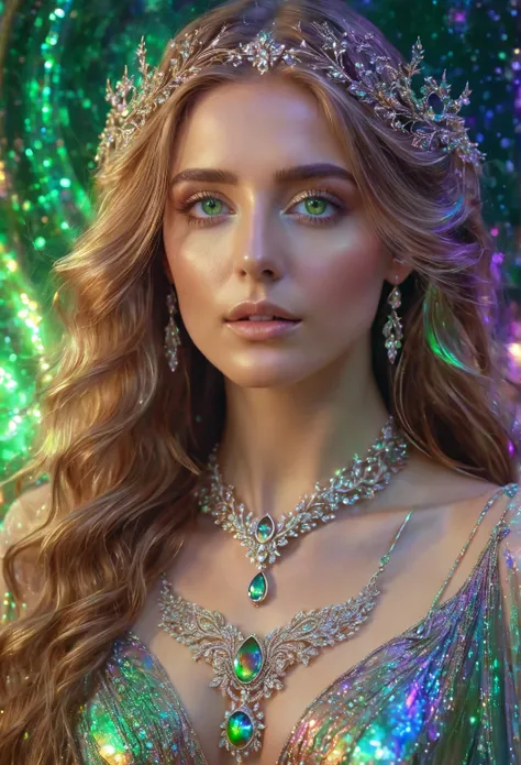 Sorceress, Beautiful Woman, Flowing Light Brown Hair, Beautiful, Fragile, green eyes, intricate and detailed jewelry, diaphanous light dress, elegant, iridescent rainbow hues, blurred cosmic background, halos of surrounding energy, orb of energies, etc. ha...