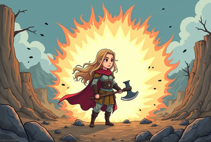  A female version of Dovahkiin in chibi style /cartoon, with long, wavy hair,  wearing light armor and cape ,  wielding a war axe .  She is in the middle of a battlefield ,  standing and with her feet firmly planted on the ground ,  as she releases a power...