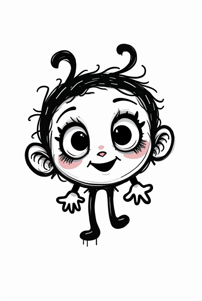 make me a cute and unique scribble logo is also silly like there is a girl characters face that is not clearly abstract that has her face her smile to make it less funny but spooky also her hands have her legs pictures like pencil lines scribble black on w...