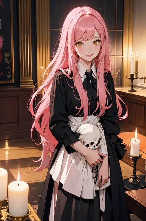  1 girl, Long pink hair, Red Corner, White collar shirt,  Black Tie ,  smiles lightly,  yellow eyes,  Beautiful and Fantastic Interior　Dim lighting、candle、Occult World 、skull doll、The room where the instruments of torture were placed.nsfw