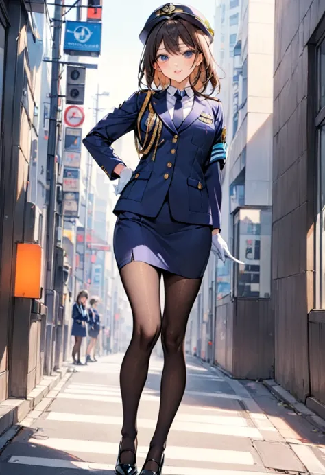 uniform buttons 、colored shirt、 black tuxedo 、 navy blue pencil skirt、 black pantyhose、uniform jacket、 black pumps、 white gloves