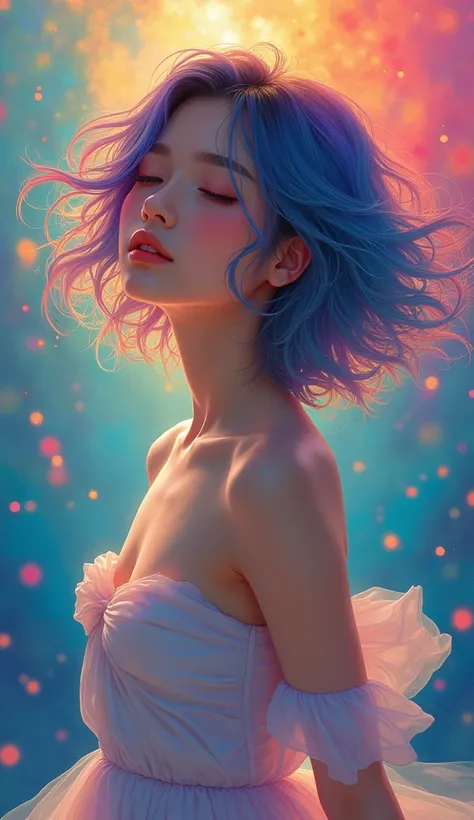 ((top-qual
A painting of a woman with colorful hair and a colorful background
((top-quality, 8K)), (Realistic), (Face Focus: 1.1), (white and black: 1.3), Kawaii Girl, short-hair, Hair fluttering in the wind, Facing to the side, Look up at your face, Eyes ...