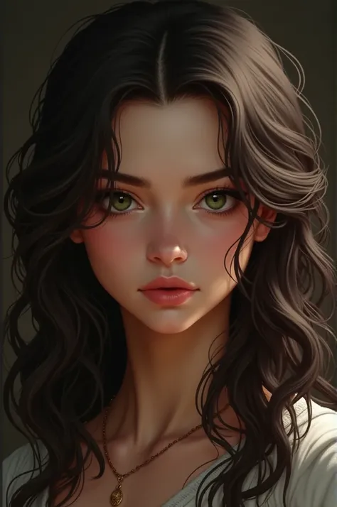  A warrior girl who had to go through disappointment from her friends, She is very pretty nose a little flat ,  green eyes,  wavy dark brown hair very full-bodied  