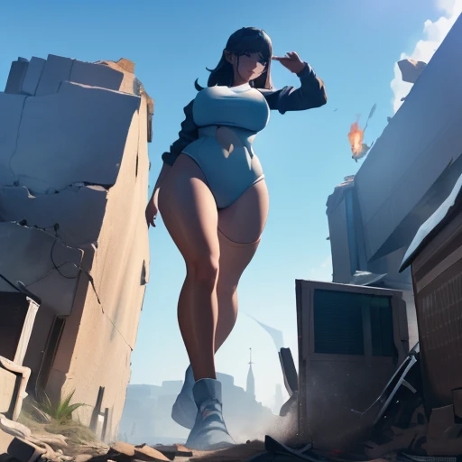 (Super giant female element ,  Hi-Res,  high quality, Accurate face and body structure , Detailed body)Teenage Girls, long black hair , Big Breasts, Big Butt, bikini with little fabric, Towering Giant Girl,  looks up at a woman approaching from below, gian...